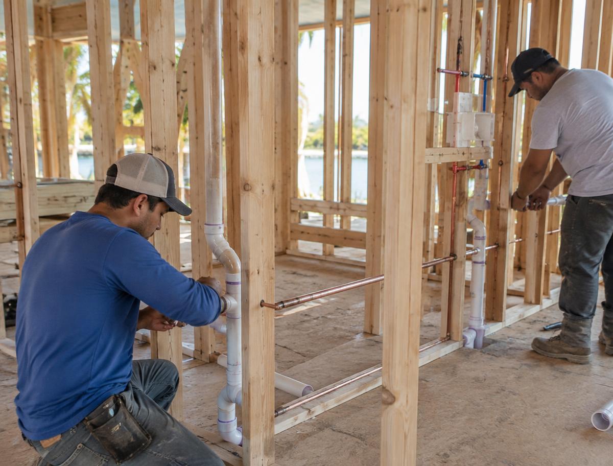 Hometown Hero's Plumbing crew roughing in pipe inside new home framing