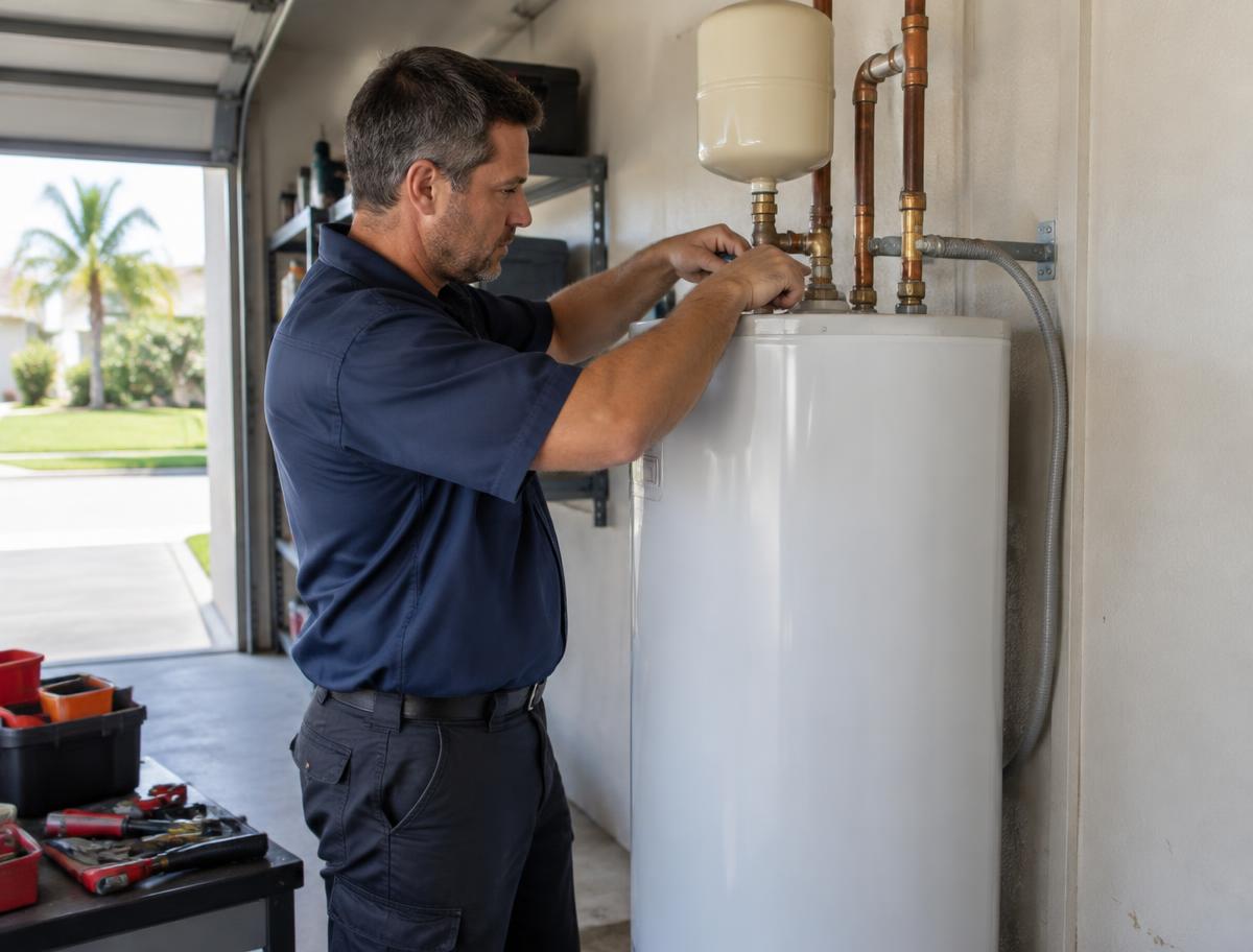 Hometown Hero's Plumbing technician installing a new tank water heater