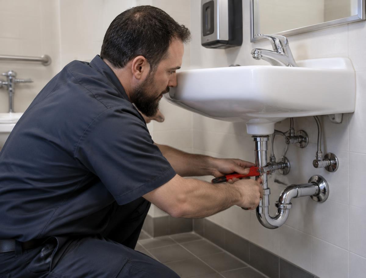 Hometown Hero's Plumbing technician repairing a commercial restroom sink
