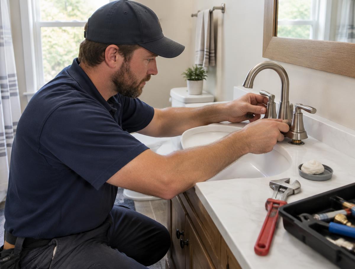 Hometown Hero's Plumbing technician installing a new bathroom faucet