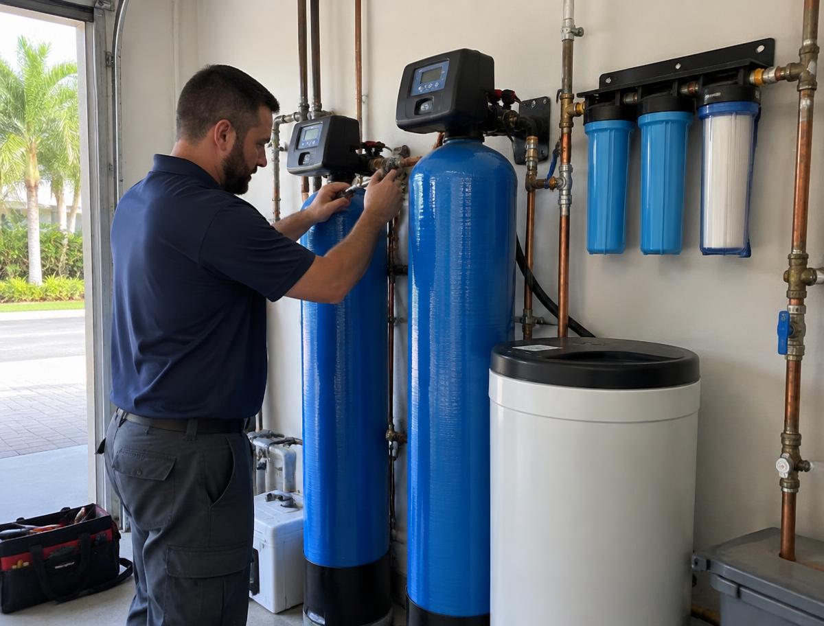 Hometown Hero's Plumbing technician installing a whole-house water filtration and softener system