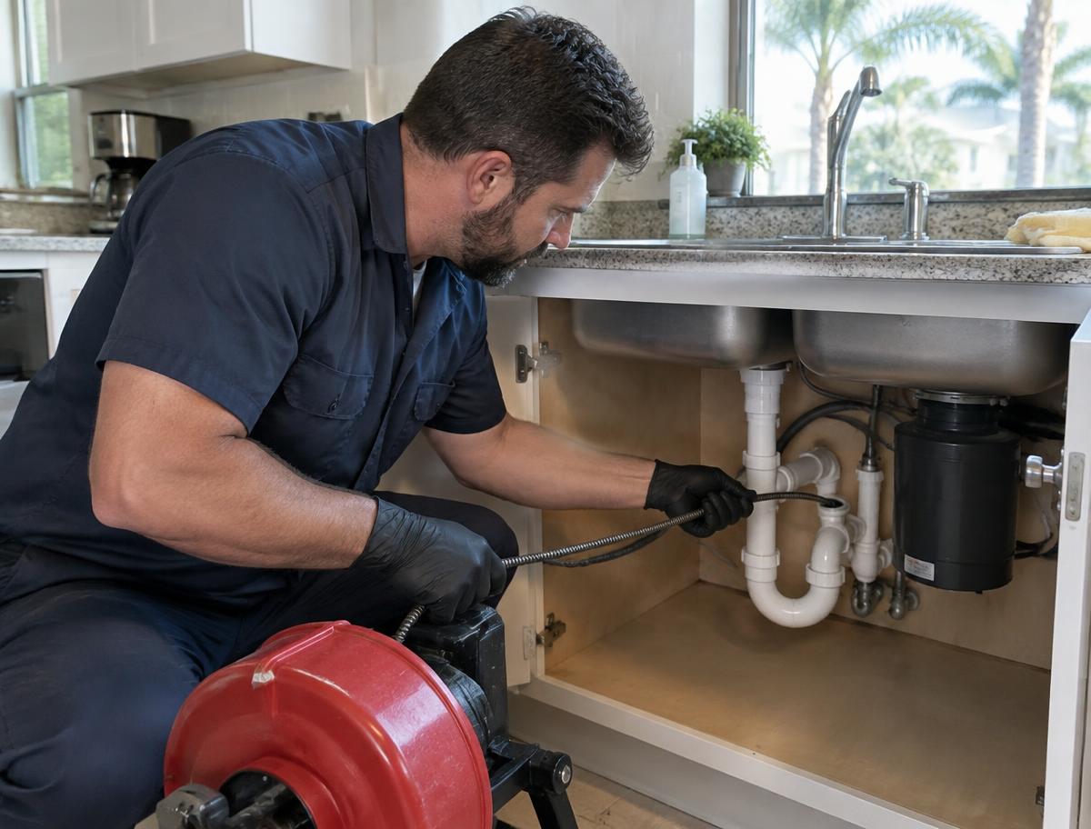 Hometown Hero's Plumbing technician clearing a kitchen sink drain with an auger